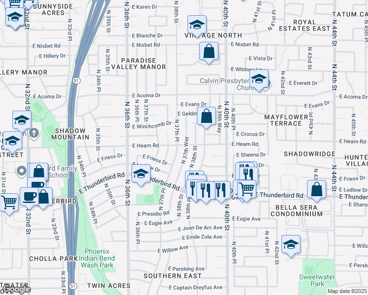map of restaurants, bars, coffee shops, grocery stores, and more near 14032 North 38th Street in Phoenix