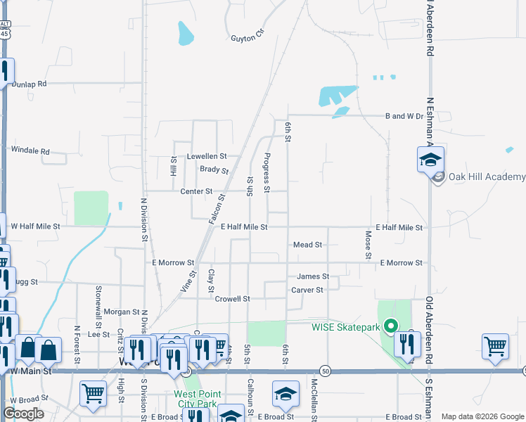 map of restaurants, bars, coffee shops, grocery stores, and more near 700-728 Progress Street in West Point