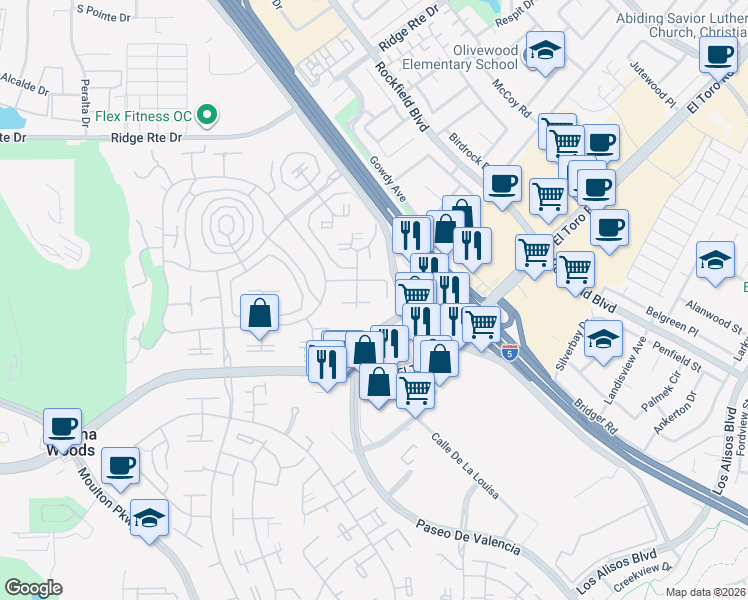 map of restaurants, bars, coffee shops, grocery stores, and more near 2082 Ronda Granada in Laguna Woods