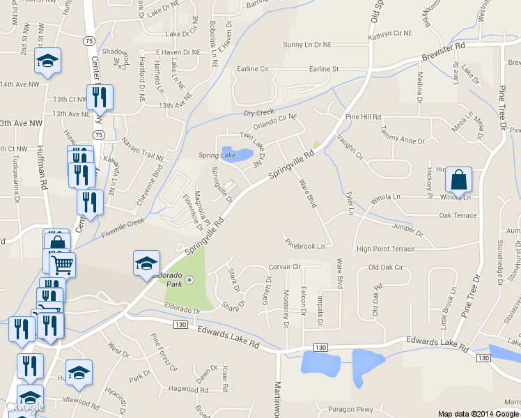 map of restaurants, bars, coffee shops, grocery stores, and more near 1241 Springville Road in Birmingham