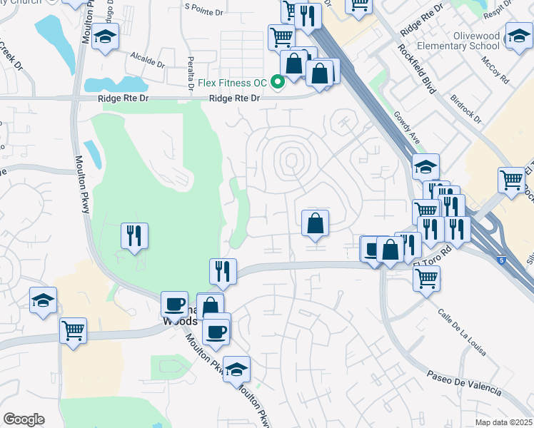 map of restaurants, bars, coffee shops, grocery stores, and more near 2354 Via Mariposa West in Laguna Woods