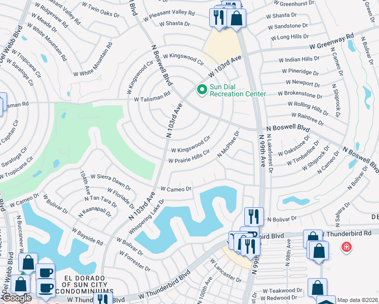 map of restaurants, bars, coffee shops, grocery stores, and more near 9919 West Prairie Hills Circle in Sun City