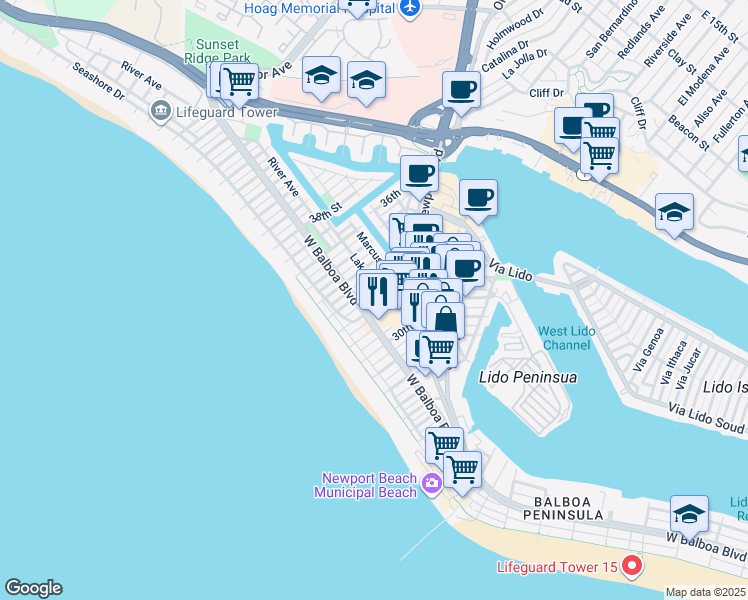 map of restaurants, bars, coffee shops, grocery stores, and more near 301 32nd Street in Newport Beach