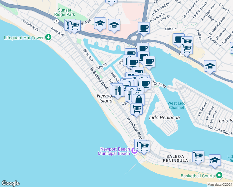 map of restaurants, bars, coffee shops, grocery stores, and more near 215 32nd Street in Newport Beach
