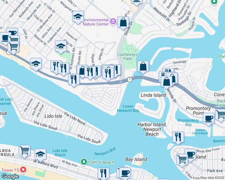 map of restaurants, bars, coffee shops, grocery stores, and more near 2622 Crestview Drive in Newport Beach