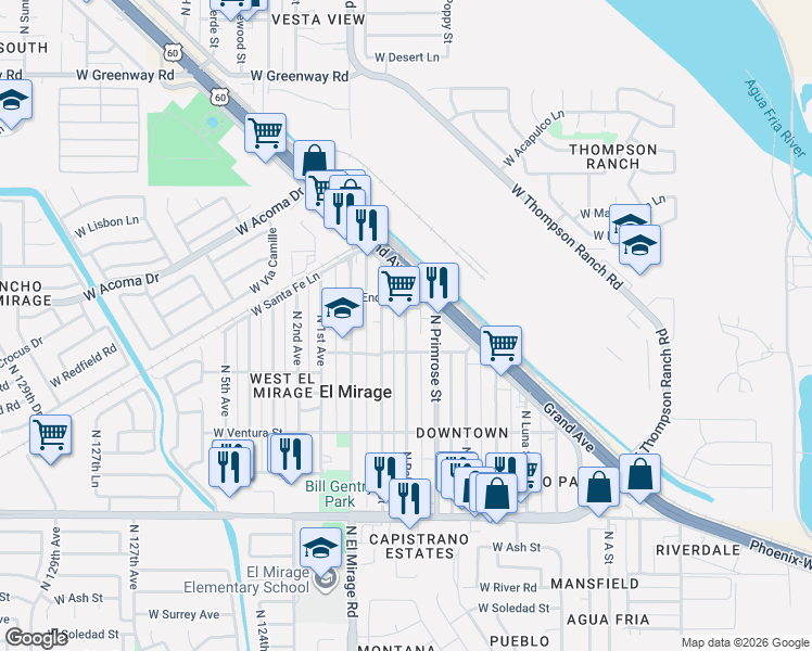 map of restaurants, bars, coffee shops, grocery stores, and more near 14418 North Palm Street in El Mirage
