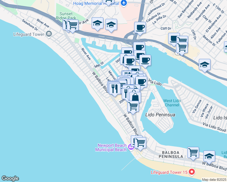map of restaurants, bars, coffee shops, grocery stores, and more near 215 32nd Street in Newport Beach
