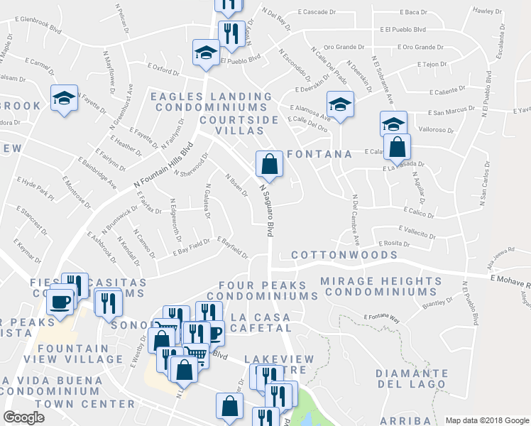 map of restaurants, bars, coffee shops, grocery stores, and more near 14216 North Saguaro Boulevard in Fountain Hills