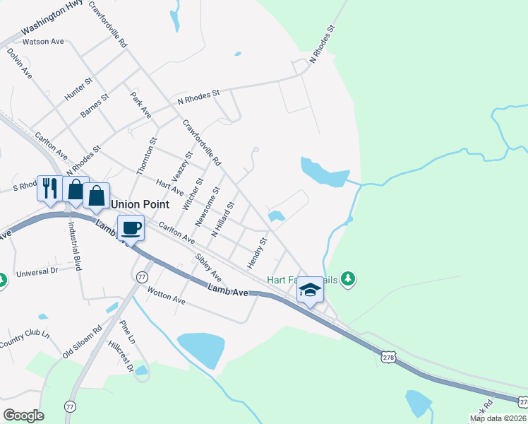 map of restaurants, bars, coffee shops, grocery stores, and more near 109 Crawfordville Road in Union Point