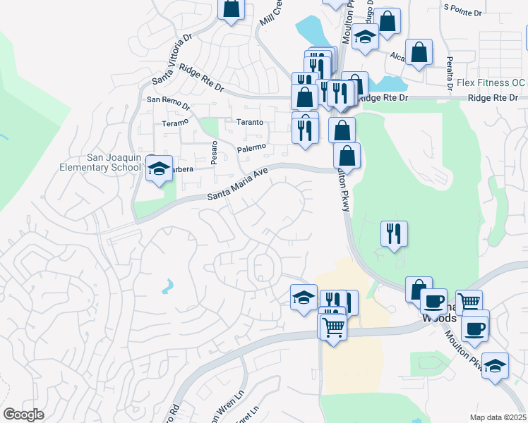 map of restaurants, bars, coffee shops, grocery stores, and more near 3083 Via Serena North in Laguna Woods