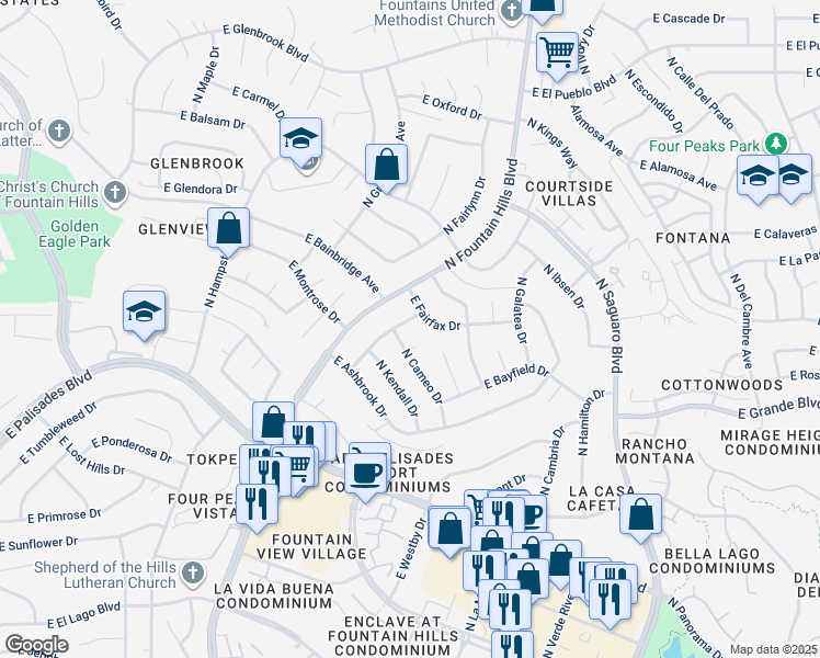 map of restaurants, bars, coffee shops, grocery stores, and more near 16609 East Cotswold Court in Fountain Hills