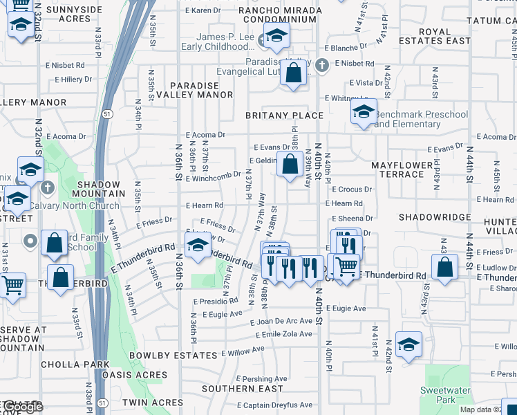 map of restaurants, bars, coffee shops, grocery stores, and more near 14032 North 38th Street in Phoenix
