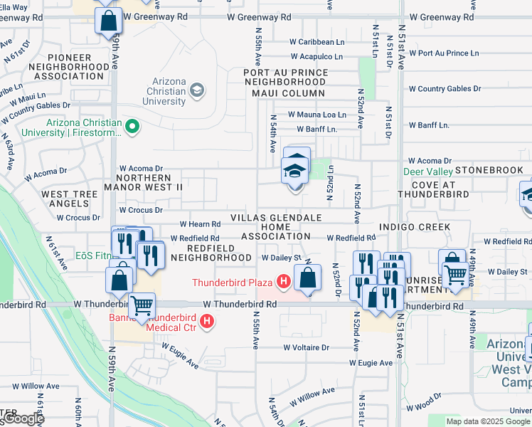 map of restaurants, bars, coffee shops, grocery stores, and more near 5419 West Sheena Drive in Glendale