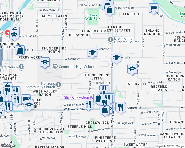 map of restaurants, bars, coffee shops, grocery stores, and more near 14242 North 77th Avenue in Peoria