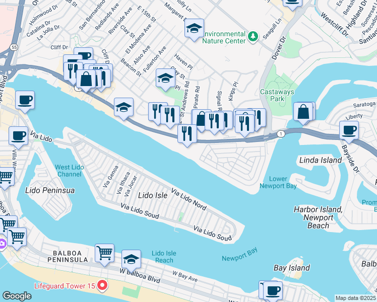 map of restaurants, bars, coffee shops, grocery stores, and more near 1221 West Coast Highway in Newport Beach