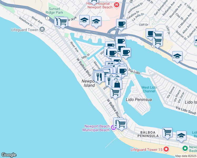 map of restaurants, bars, coffee shops, grocery stores, and more near 301 32nd Street in Newport Beach