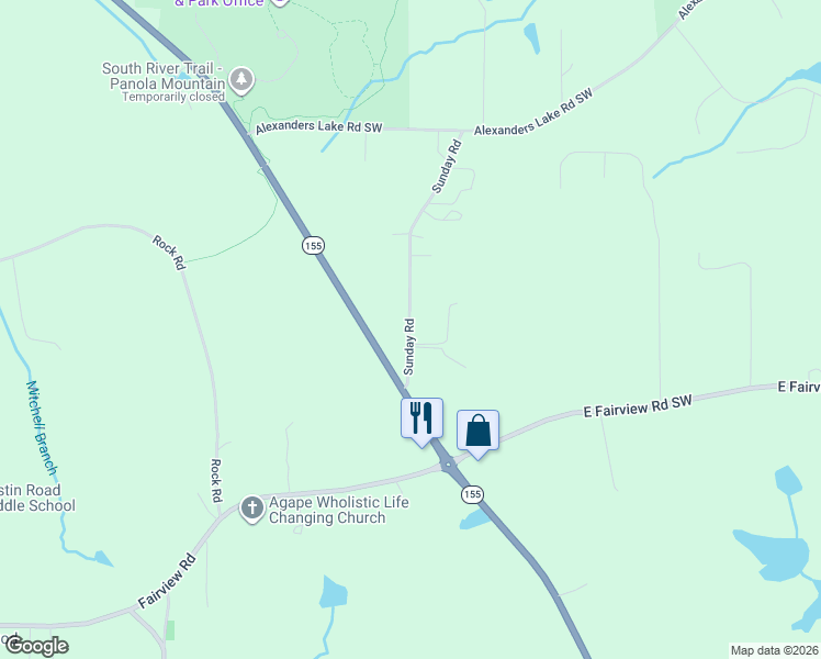 map of restaurants, bars, coffee shops, grocery stores, and more near 2861 Sunday Road in Stockbridge