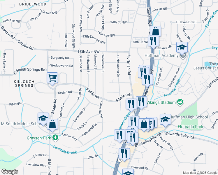 map of restaurants, bars, coffee shops, grocery stores, and more near 112 Shawnee Lane Northwest in Birmingham