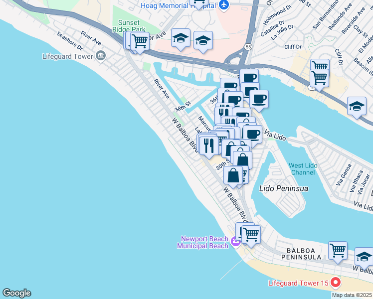 map of restaurants, bars, coffee shops, grocery stores, and more near 112 34th Street in Newport Beach