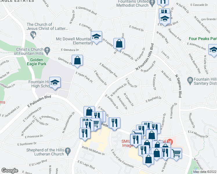 map of restaurants, bars, coffee shops, grocery stores, and more near Fountain Hills Boulevard in Fountain Hills