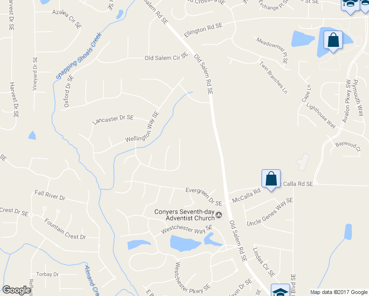 map of restaurants, bars, coffee shops, grocery stores, and more near 3104 Brombley Drive Southeast in Conyers