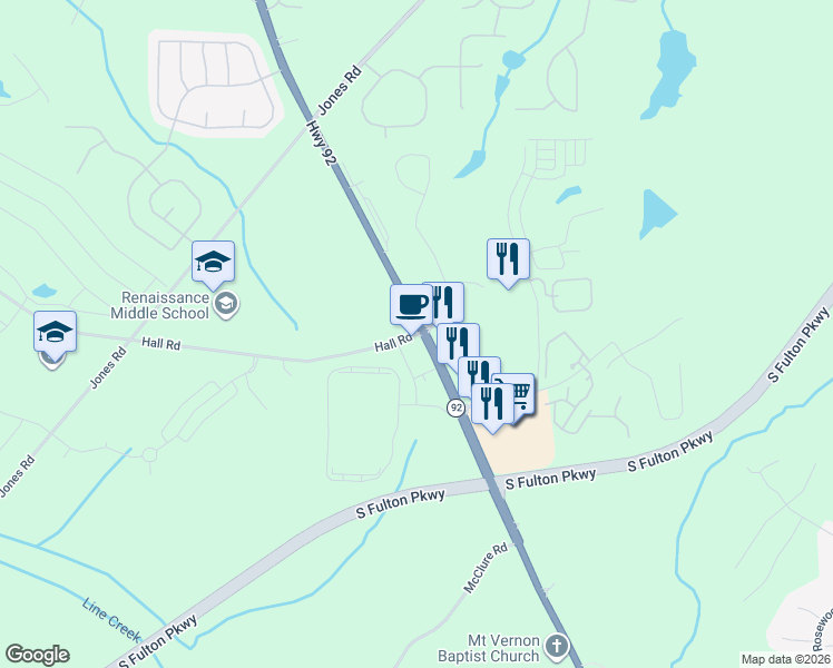 map of restaurants, bars, coffee shops, grocery stores, and more near 5270 Campbellton Fairburn Road in Fairburn