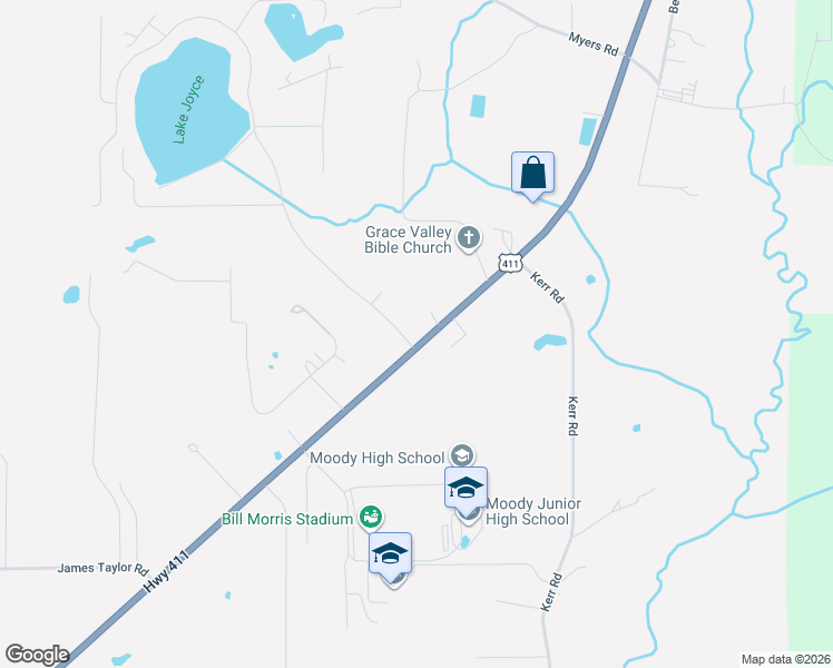 map of restaurants, bars, coffee shops, grocery stores, and more near 4127 Moody Parkway in Moody