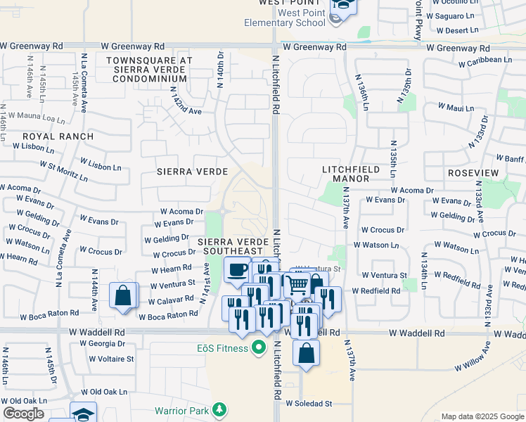 map of restaurants, bars, coffee shops, grocery stores, and more near North Litchfield Road in Surprise