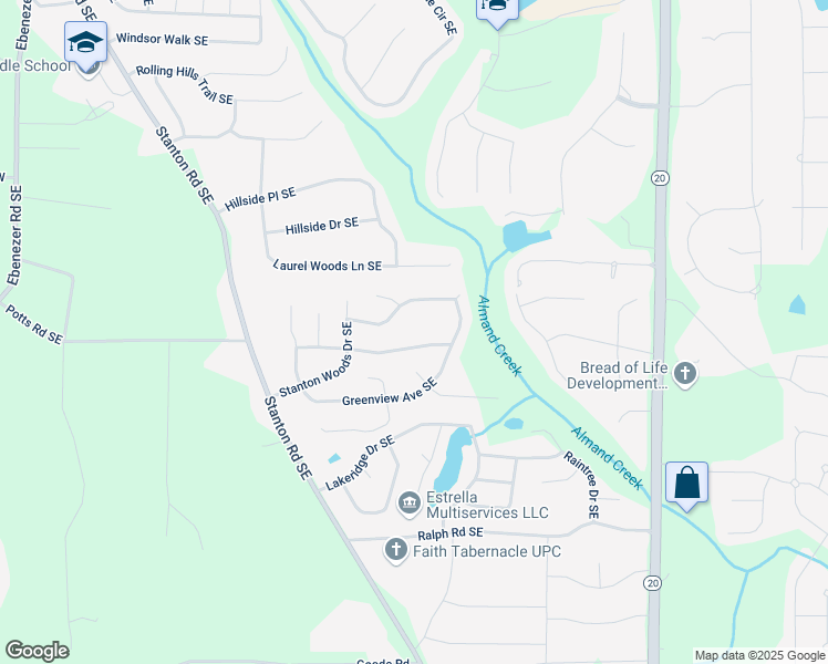 map of restaurants, bars, coffee shops, grocery stores, and more near 664 Almand Branch Rd SE in Conyers