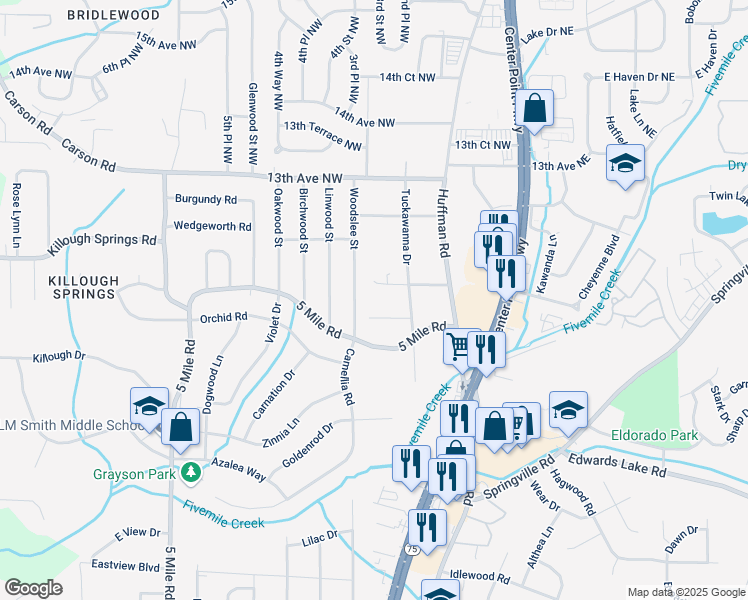map of restaurants, bars, coffee shops, grocery stores, and more near 112 Shawnee Lane Northwest in Birmingham