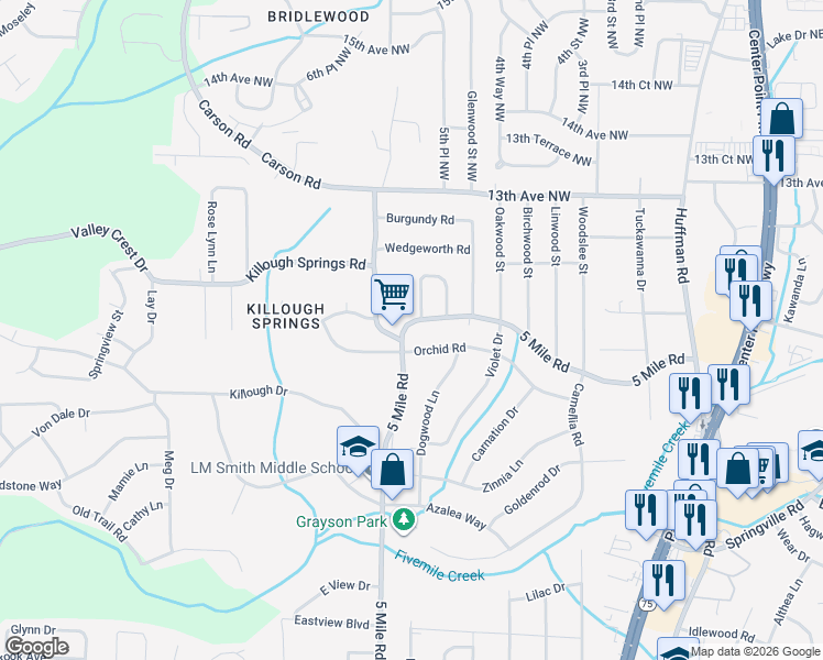 map of restaurants, bars, coffee shops, grocery stores, and more near 1209 5 Mile Road in Birmingham