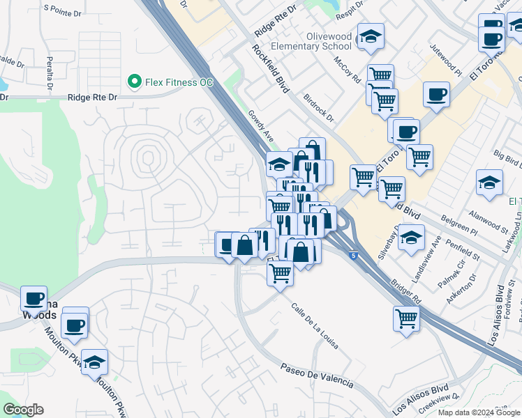 map of restaurants, bars, coffee shops, grocery stores, and more near 23999 Ronda Granada in Laguna Woods