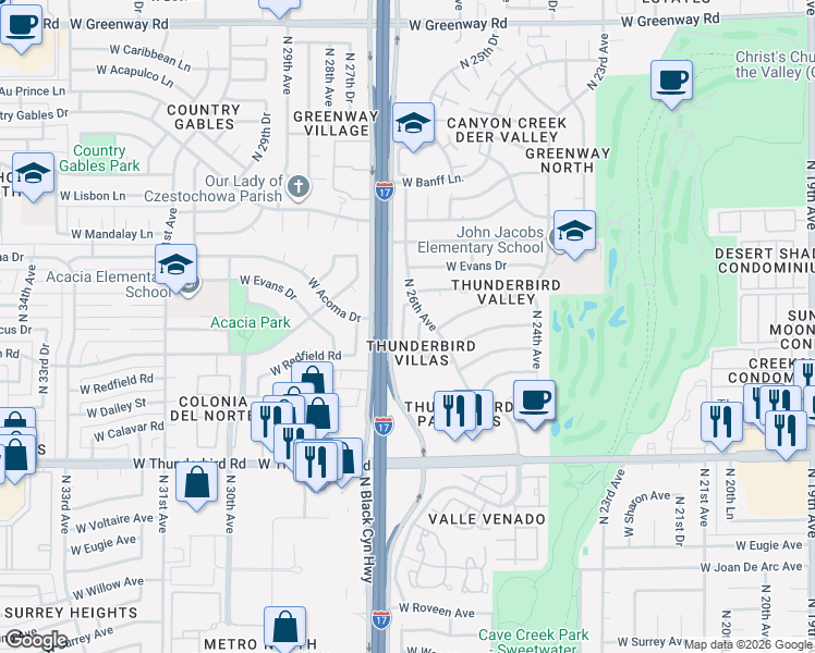 map of restaurants, bars, coffee shops, grocery stores, and more near 14228 North 26th Lane in Phoenix