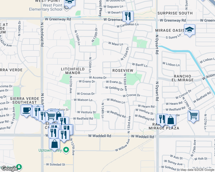 map of restaurants, bars, coffee shops, grocery stores, and more near 13465 West Gelding Drive in Surprise