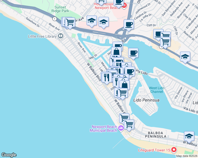 map of restaurants, bars, coffee shops, grocery stores, and more near 129 33rd Street in Newport Beach