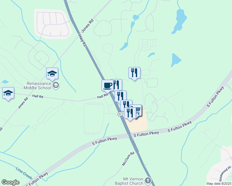 map of restaurants, bars, coffee shops, grocery stores, and more near 5270 Campbellton Fairburn Road in Fairburn