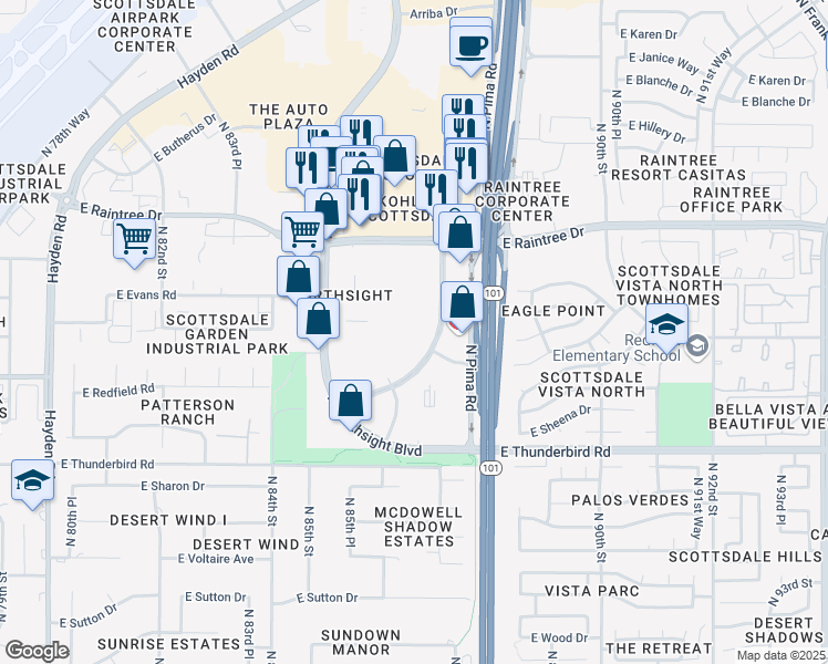 map of restaurants, bars, coffee shops, grocery stores, and more near 14350 North 87th Street in Scottsdale