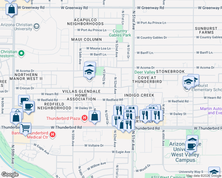 map of restaurants, bars, coffee shops, grocery stores, and more near 5209 West Crocus Drive in Glendale