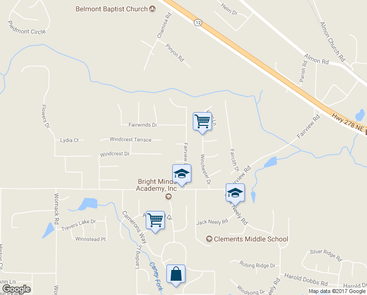 map of restaurants, bars, coffee shops, grocery stores, and more near 15 Fair Ridge Court in Covington