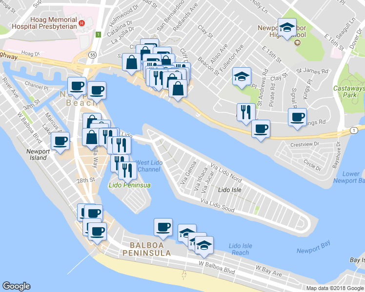 map of restaurants, bars, coffee shops, grocery stores, and more near 312 Via Lido Nord in Newport Beach