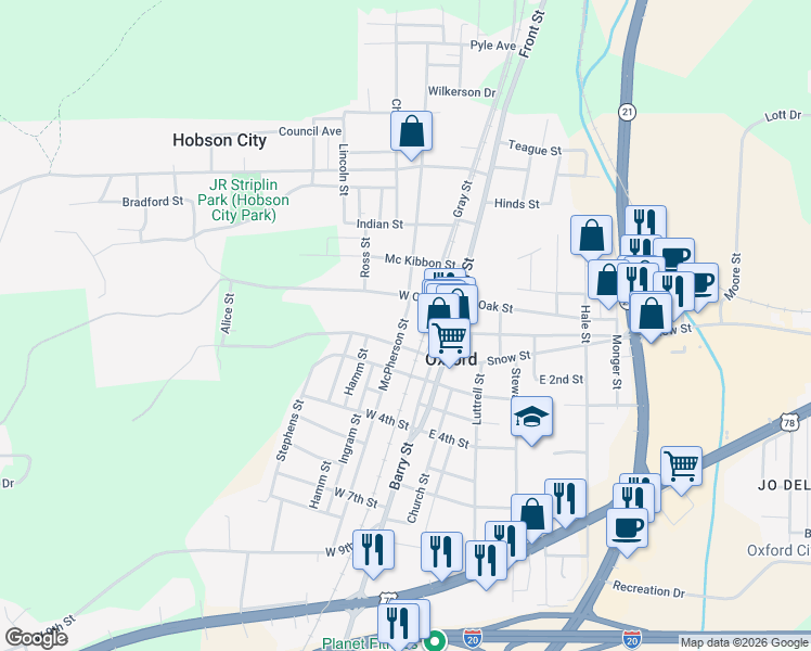 map of restaurants, bars, coffee shops, grocery stores, and more near 209 Spring Street in Oxford