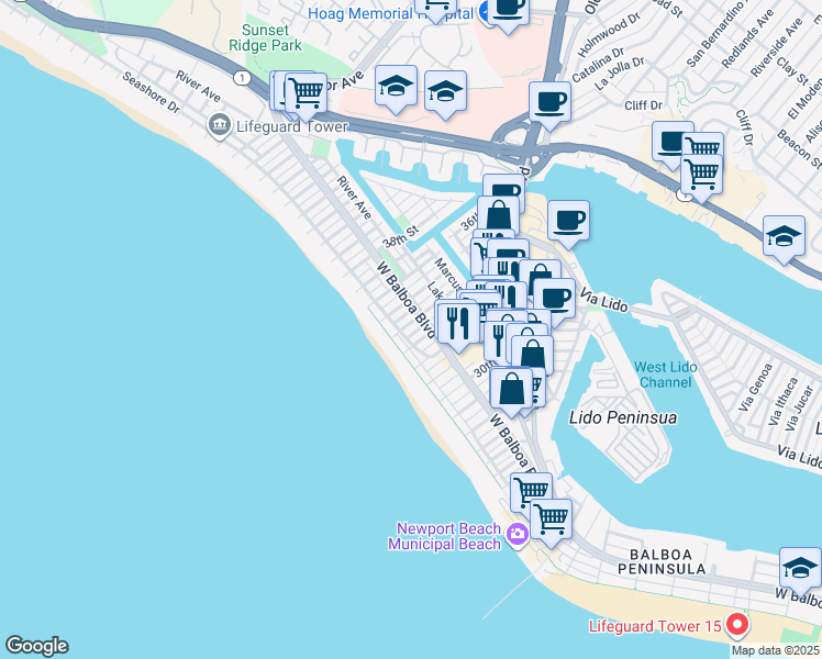 map of restaurants, bars, coffee shops, grocery stores, and more near 116 34th Street in Newport Beach