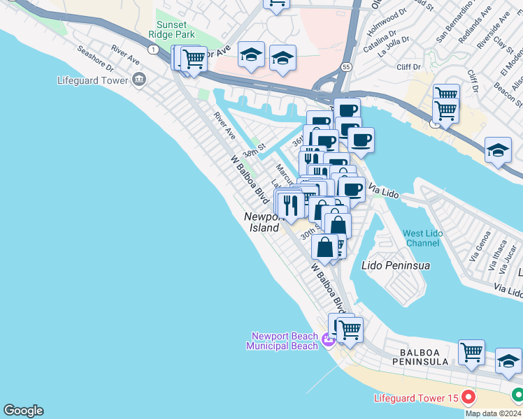 map of restaurants, bars, coffee shops, grocery stores, and more near 116 34th Street in Newport Beach