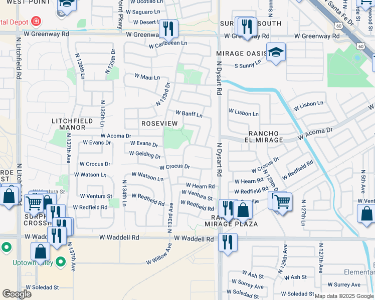 map of restaurants, bars, coffee shops, grocery stores, and more near 14426 North 132nd Drive in Surprise
