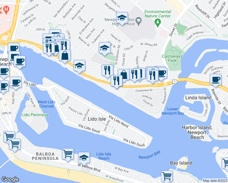 map of restaurants, bars, coffee shops, grocery stores, and more near 1221 Pacific Coast Highway in Newport Beach