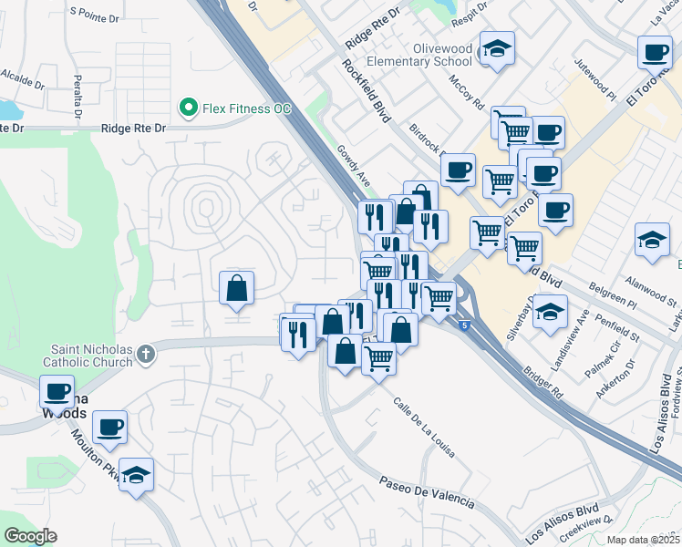 map of restaurants, bars, coffee shops, grocery stores, and more near 2082 Ronda Granada in Laguna Woods
