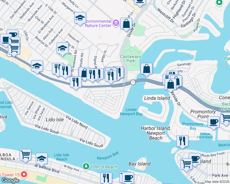 map of restaurants, bars, coffee shops, grocery stores, and more near 2622 Crestview Drive in Newport Beach