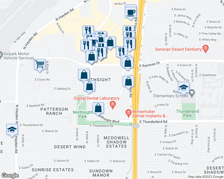 map of restaurants, bars, coffee shops, grocery stores, and more near 14350 North 87th Street in Scottsdale
