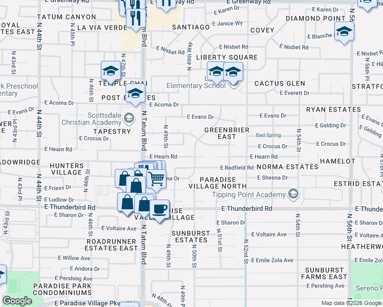 map of restaurants, bars, coffee shops, grocery stores, and more near 5001 East Hearn Road in Scottsdale