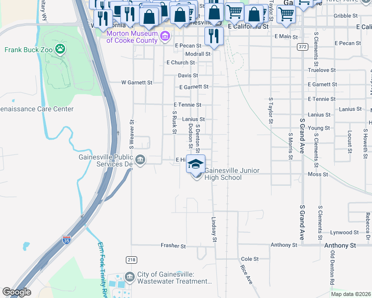 map of restaurants, bars, coffee shops, grocery stores, and more near 1005 South Denton Street in Gainesville
